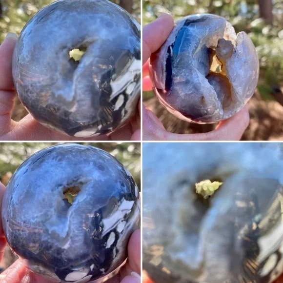 Large HQ Polished UV Reactive Volcano Agate Sphere w/ Wooden Stand - Picture 15 of 16